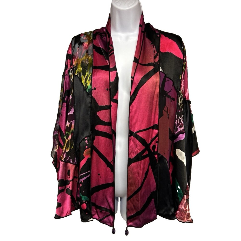Simply Silk Women's S Patchwork Kimono Jacket Red Multi Color Abstract Print